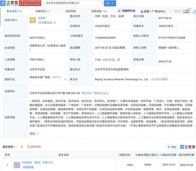 抖音旗下有竹居公司布局AI新赛道 人工智能理论与算法软件开发成战略重点